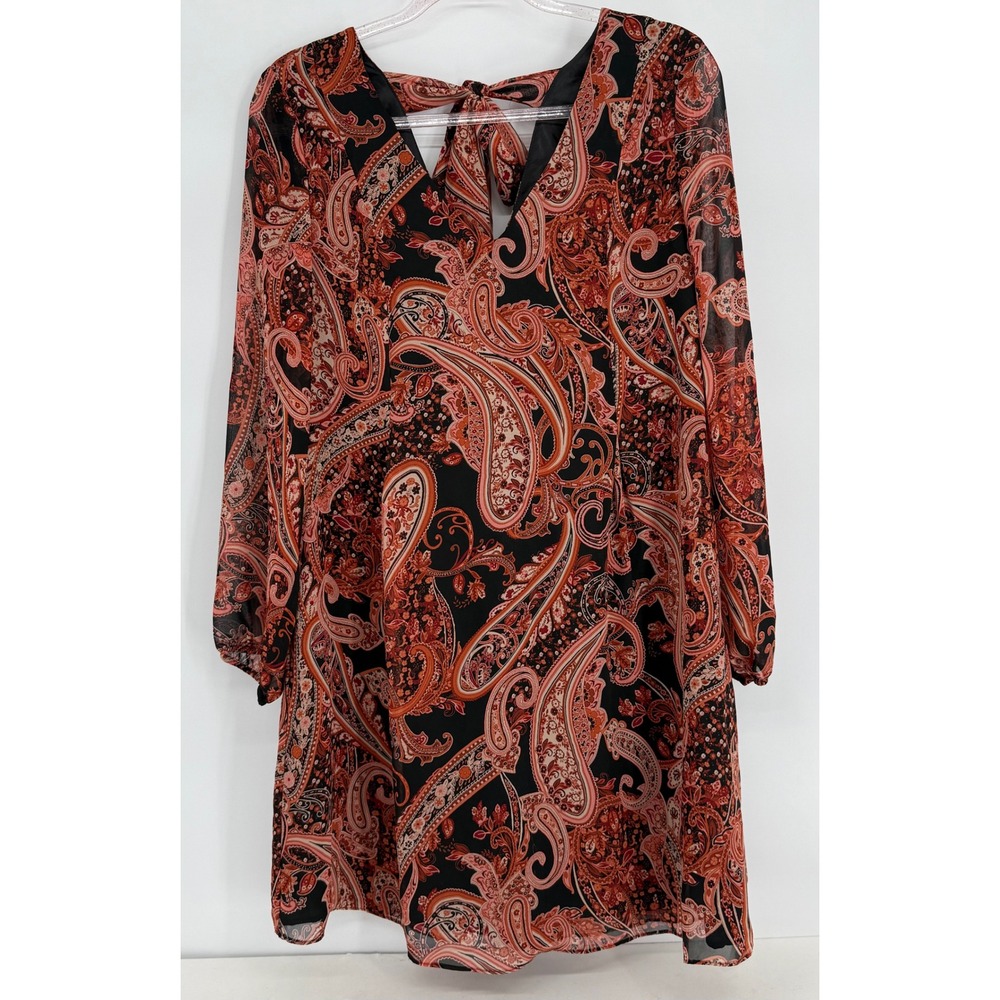 Nine West Womens Orange Black Paisley Long Sleeve Tie Back Mini Dress Sz  M